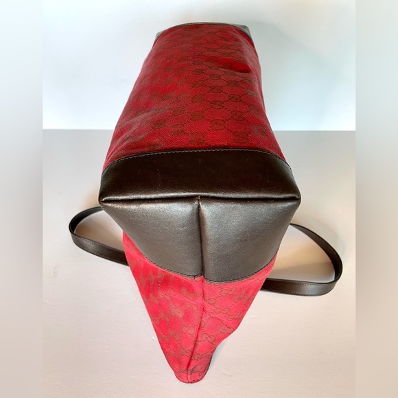 Gucci Red GG Canvas Tote Bag with Brown Leather Trim Corners Shopper Authentic - Picture 10 of 16